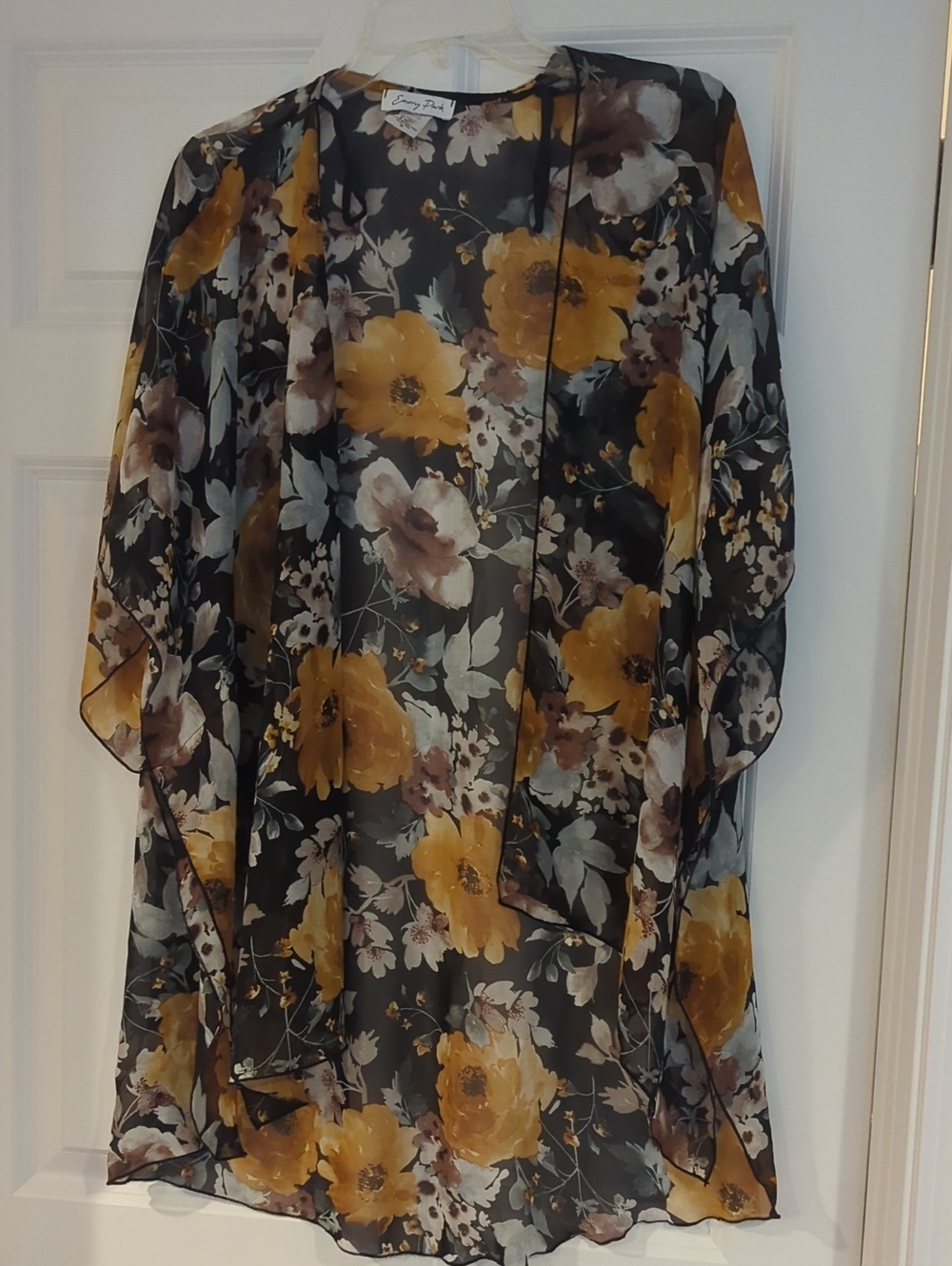 emory park Black Sheer Floral Kimono with Mustard and Cream Blooms